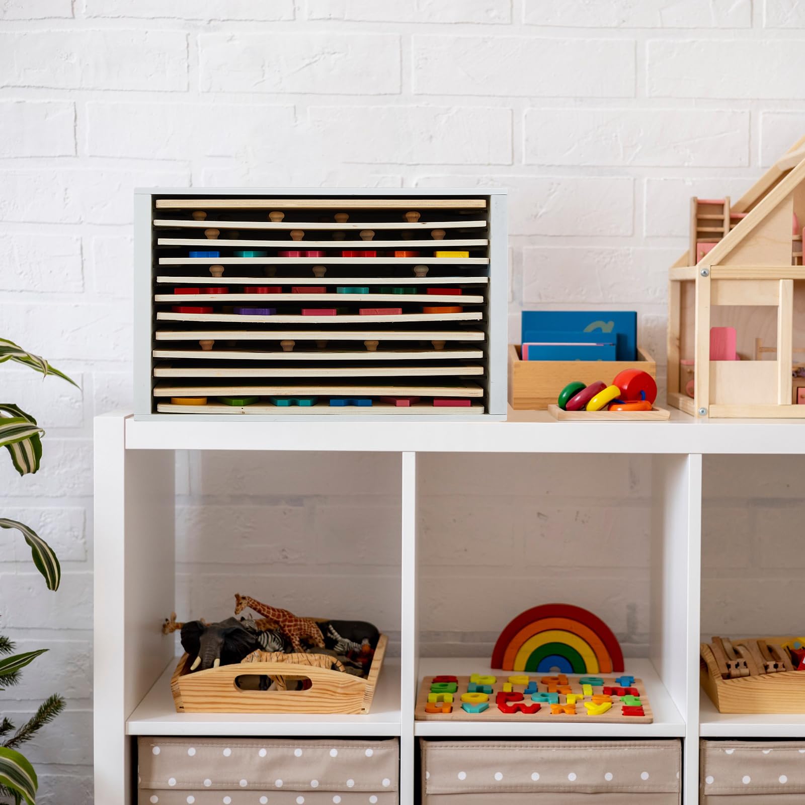 Sintuff Puzzle Holder Rack Wooden Jigsaw Organizer Layered Puzzle Storage Box Shelf Storage Case Holds 12 Puzzles for Craft Collection Lovers Accessories