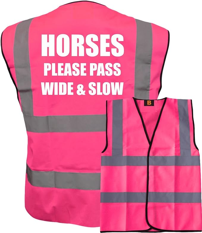 Bright Pink High Visibility Vest with White Text HORSES PLEASE PASS