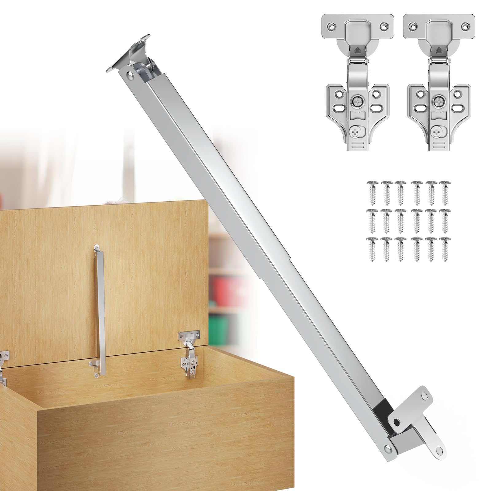 Photo 1 of 1 Pack Toy Box Hinges Soft Close Hinges for Wooden Box, Sturdy All-Metal Construction Smooth Close Lid Support Kit, Center or Edge Mounting (with Extra 2 Hinges)