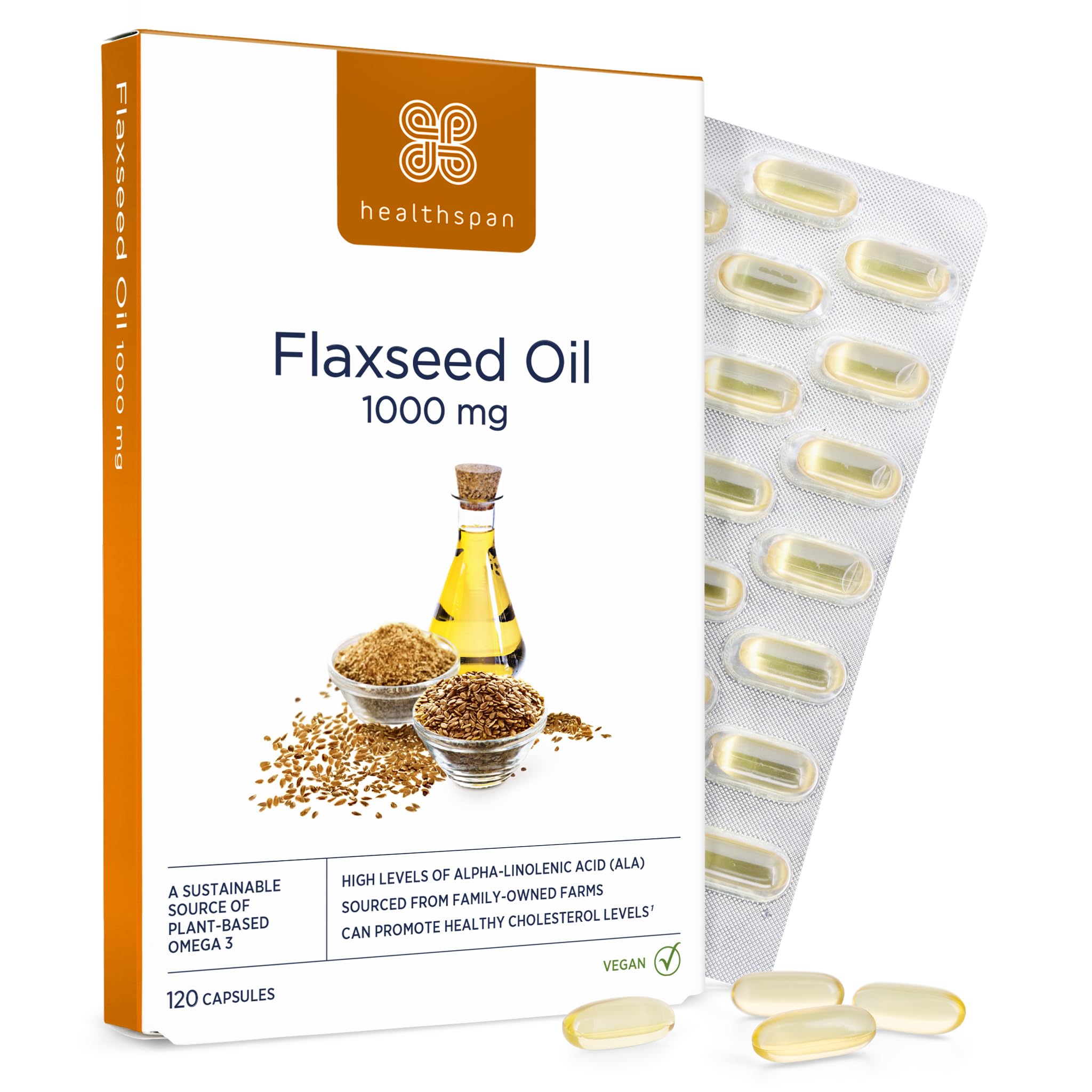 Healthspan Flaxseed Oil 1,000mg | 120 Capsules | Omega 3 Fatty Acid ALA | Maintain Healthy Blood Cholesterol Levels | Women's Health | Vegan