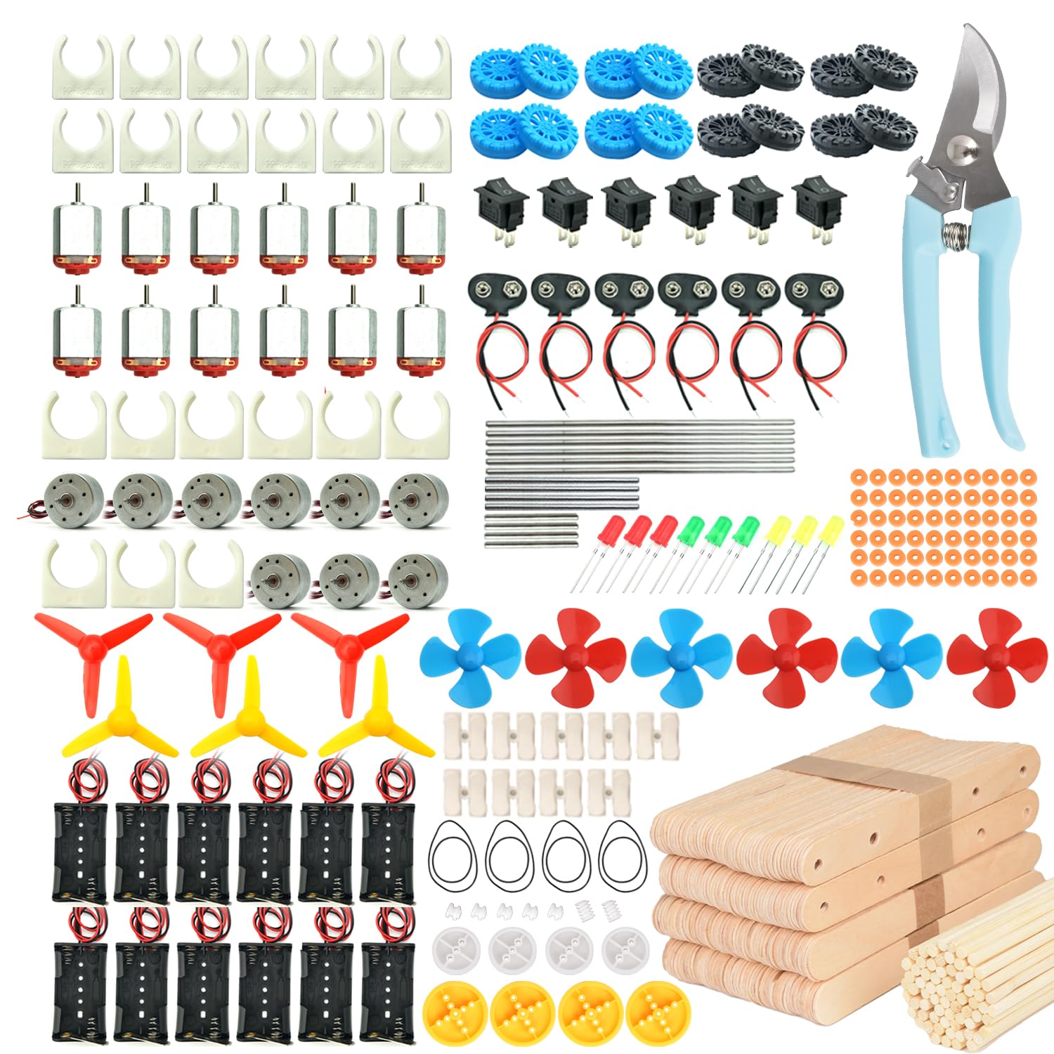 EUDAX 465PCS DC Motor Kit STEM Mini Electric Motor Kit for DIY Science Projects, LED Light Vanes Propeller, AA Battery Holder, Plastic Gears, Electrical Engineering Kit for Education Projects