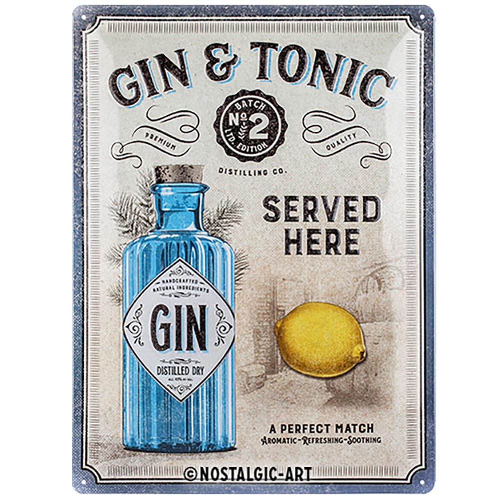 Nostalgic-Art Retro Tin Sign – Gin & Tonic Served Here – Gift idea for cocktail fans, Metal Plaque, Vintage design for wall decoration, 30 x 40 cm