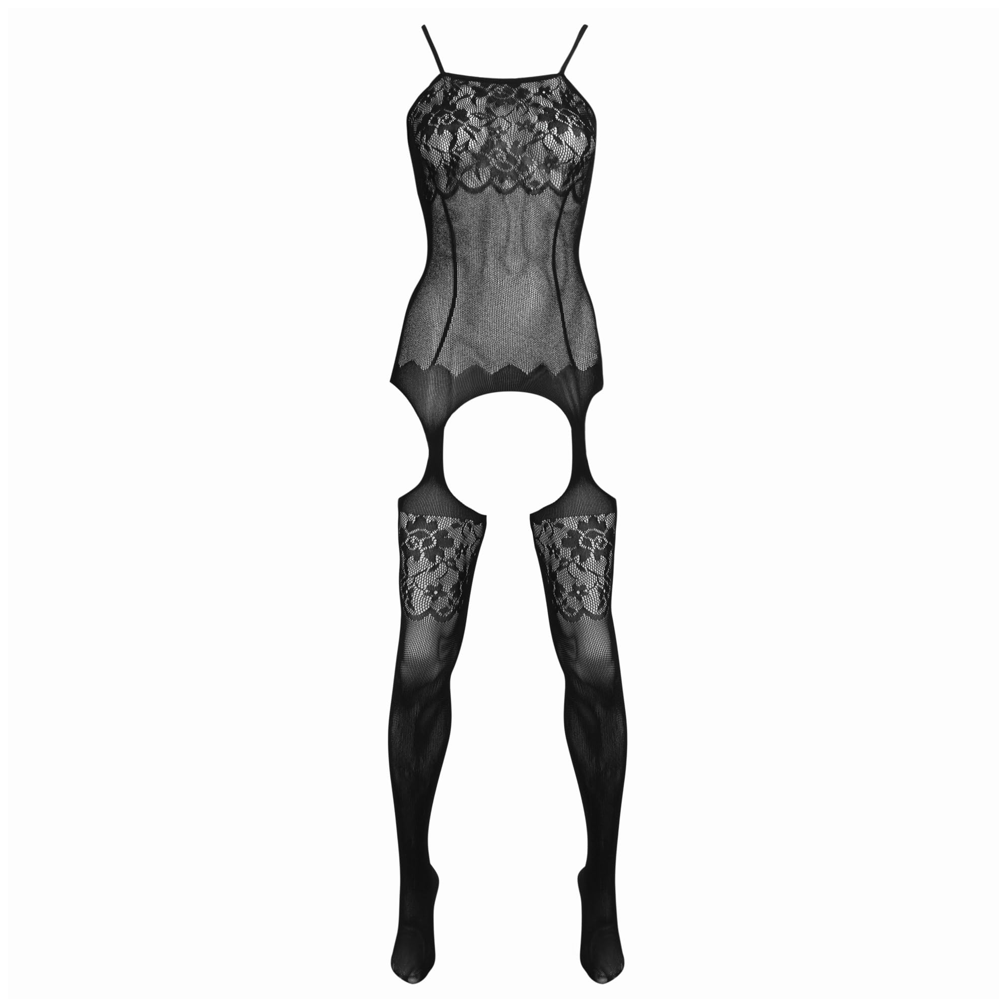 Lovehoney Lingerie Women's Black Sheer Lace & Fishnet Bodystocking - Crotchless - Stretchy - All in One - One Size: 8-16
