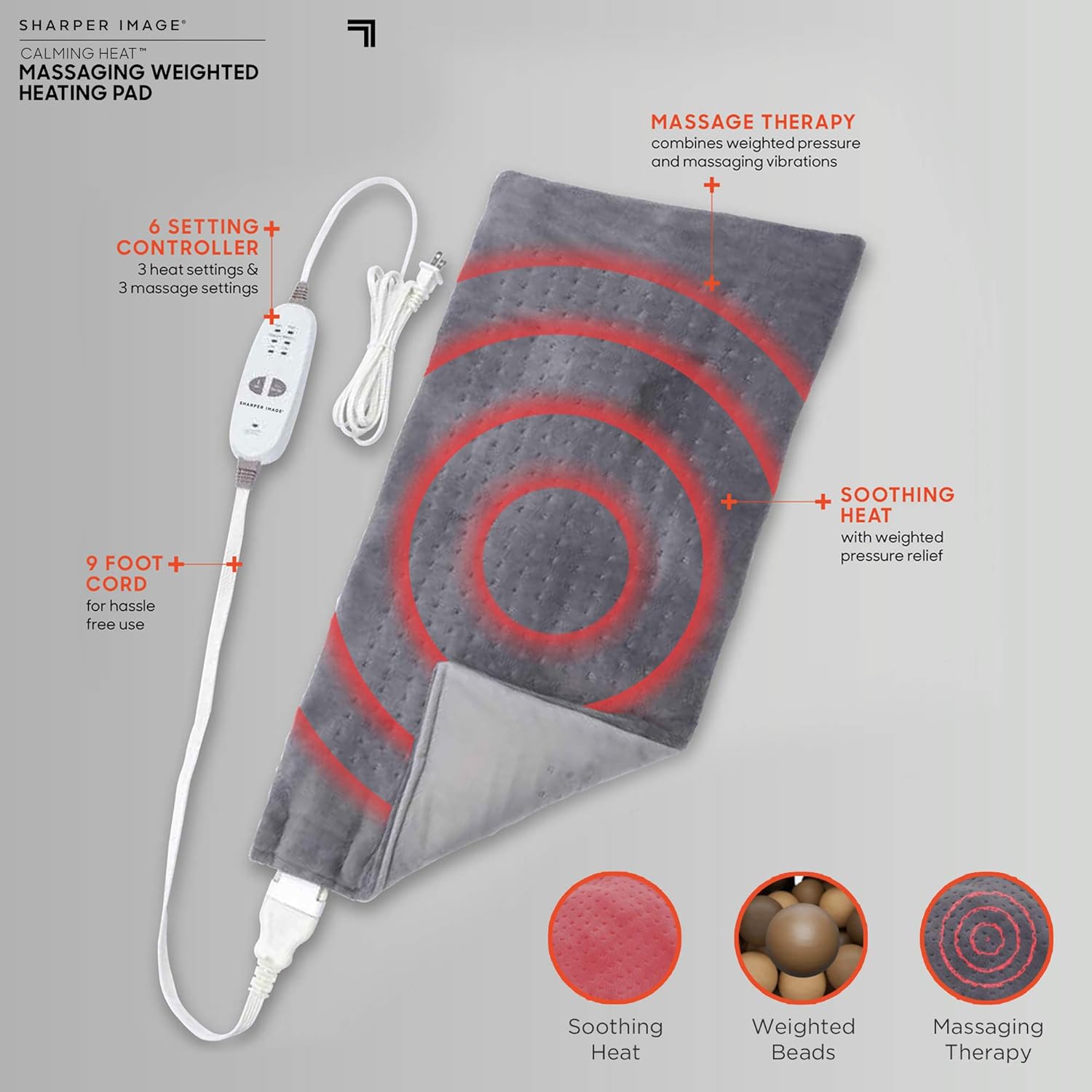 Calming Heat Massaging Weighted Heating Pad by Sharper Image- Weighted Electric Heating Pad with Massaging Vibrations, 6 Settings- 3 Heat, 3 Massage- 9 Relaxing Combinations, 12” x 24”, 4 lbs: Health & Personal Care