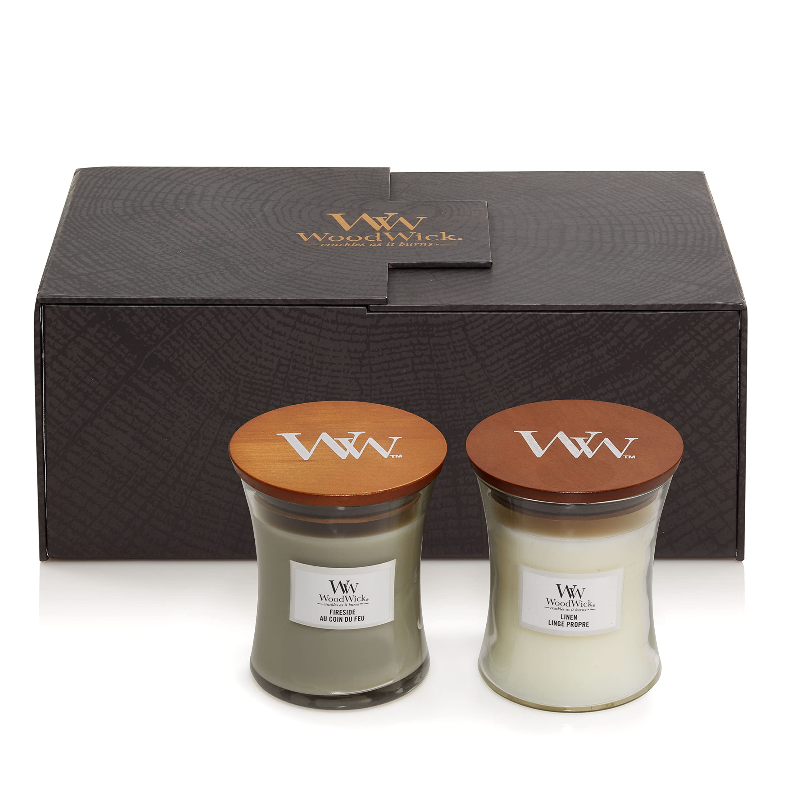 WoodWick Scented Candles Gift Set | Fireside & Linen Hourglass Scented Candles with Crackling Wicks | Up to 60 Hours Burn Time | Gift Box | Perfect Mothers Day and Easter Gifts for Women