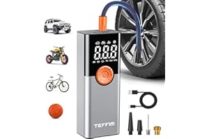 Teffim Portable Tire Inflator - Car Air Compressor with Digital Pressure Gauge - 150 PSI - Air Pump with LED Light for Car, Motorcycle, Electric Bike, and Bicycle, Black-gary