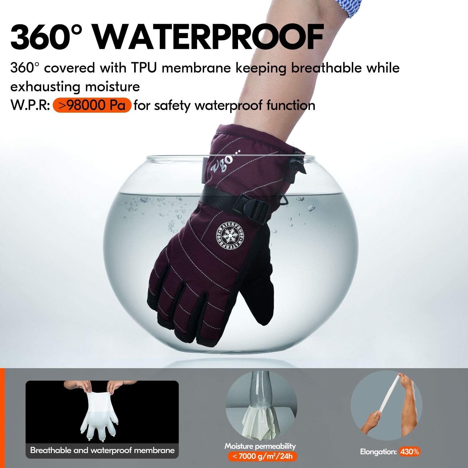 Vgo 1-Pair -4℉ 3M G150 Lined Unisex Winter Skiing Gloves (SF-PU2445FW): Sports & Outdoors