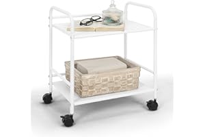 SunnyPoint 2-Tier Metal Rolling Utility Cart – Mobile Storage Shelf with Caster Wheels – Small Space Organizer for Home, Office, Bedroom, Kitchen (WHT)