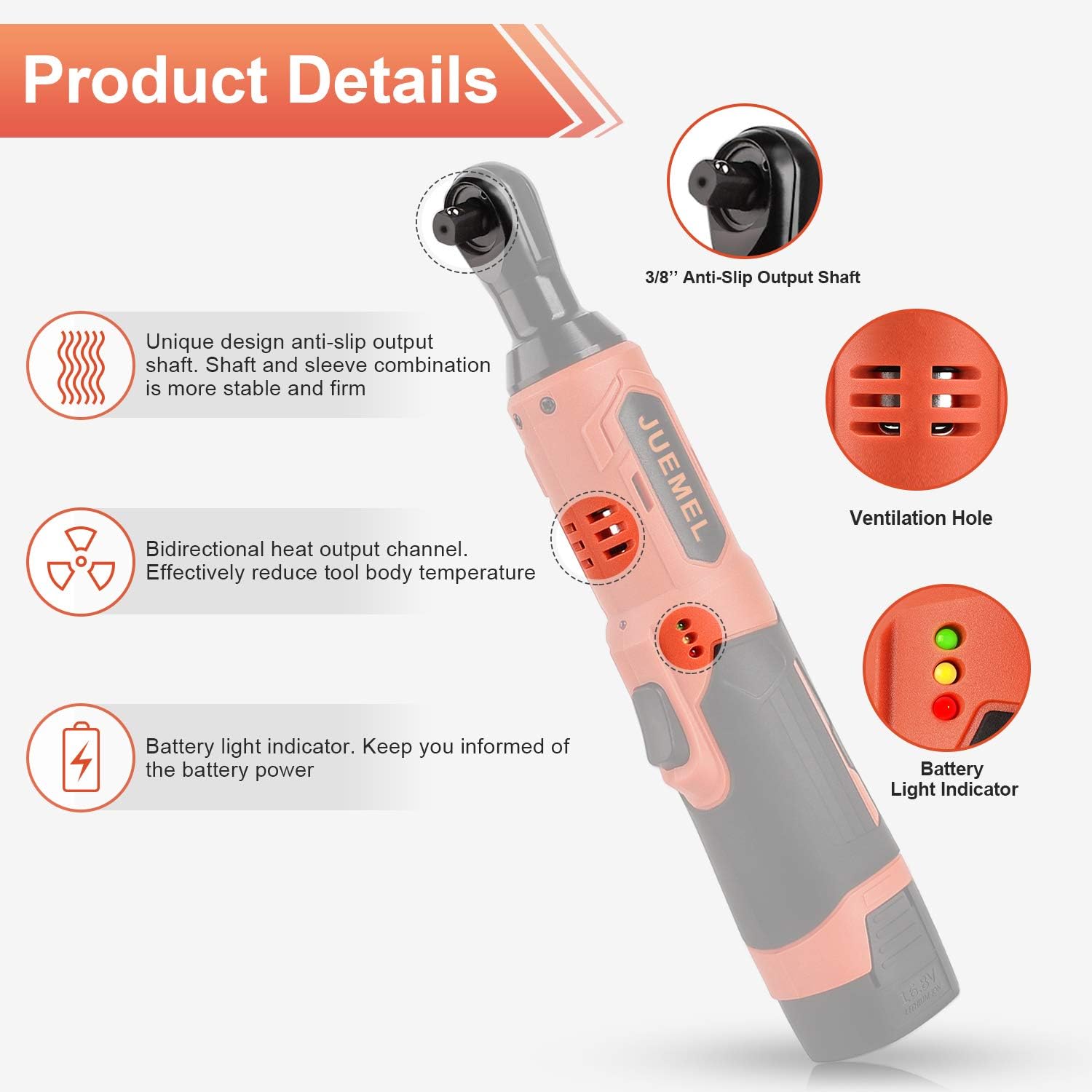 16.8V Cordless Electric Wrench Kit, JUEMEL Power Ratchet Wrench 3/8" 46 N·m 400 RPM With 2-Pack 2.0Ah Li-Ion Batteries, Fast Charger, 7 Sockets, 2 Screwdrivers and 1/4" Adapter: Home Improvement
