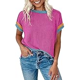 Womens Summer Tops Fashion Color Block Short Sleeve Crewneck Knit Tops Casual Cute Tunic Pullover Blouses
