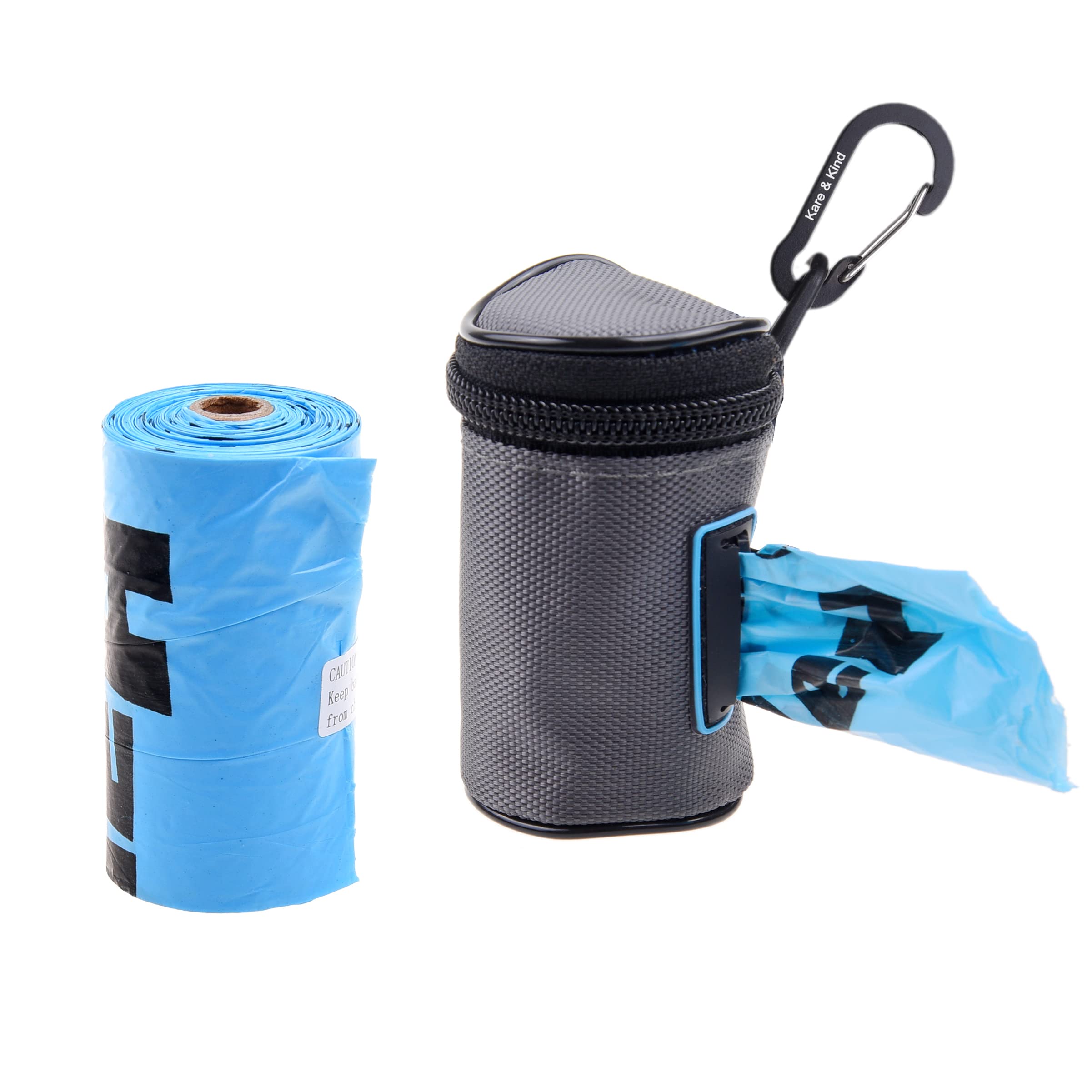 Kare & Kind Pet Waste Bag Dispenser with Carabiner - Double Layer Fabric - Zippered Poop Bag Holder and Pet Waste Bags - Clip On Container Attaches to Leash, Belt, Harness,Collar, Bags - (Black)