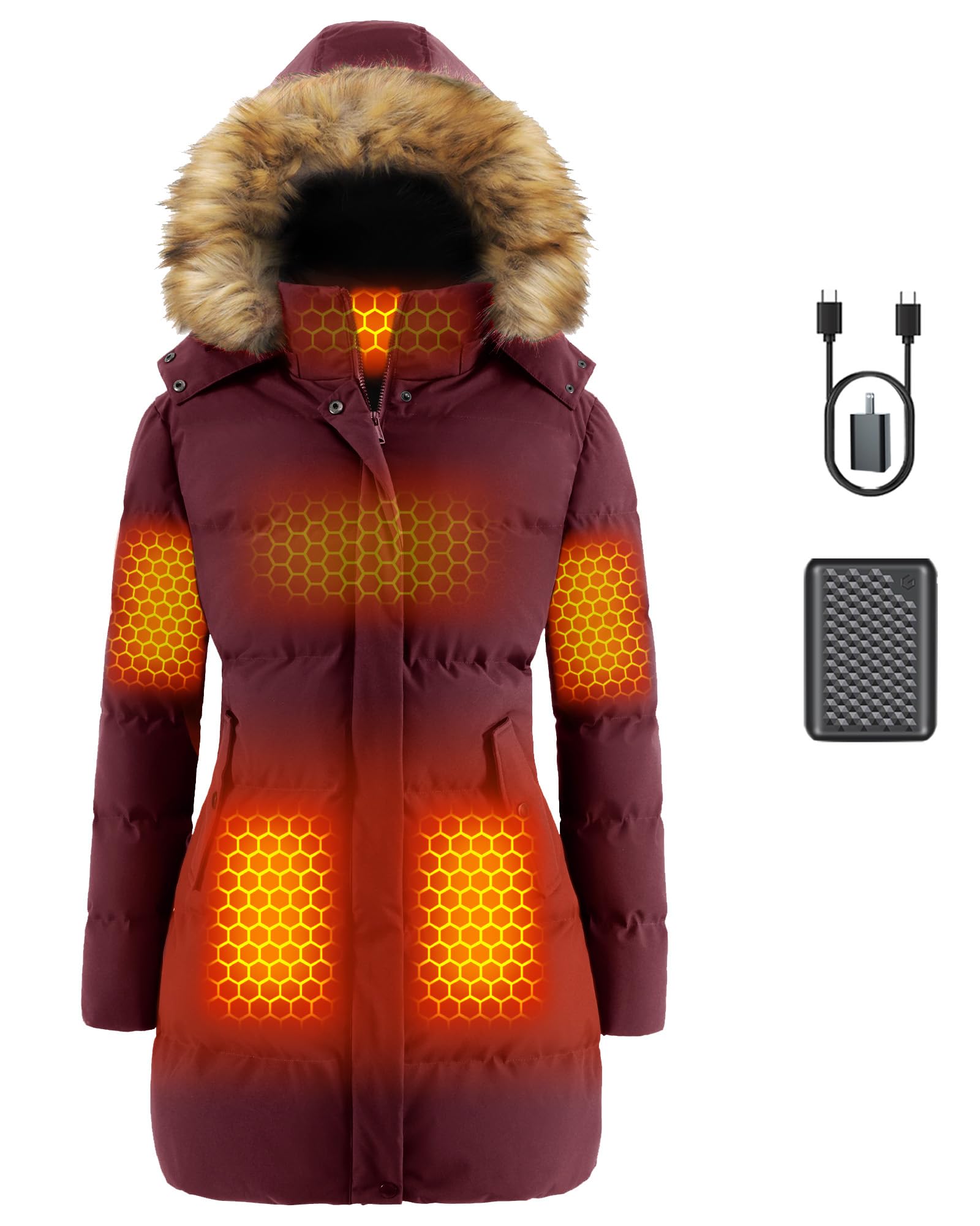 Photo 1 of Women Long Heated Jacket Battery Pack Included Ladies Puffy Coat 12v 7.4v Graphene Rechargeable Usb Electric Winter Apparel Clothes Hoodie Vest Sweater Sweatshirt Outdoor Gift Work Cold Weather Gear