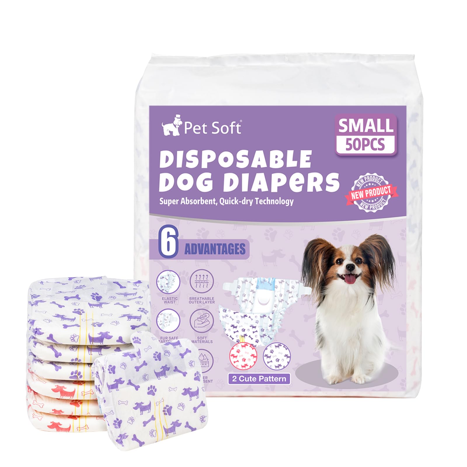 Pet Soft Dog Nappies Female, 50 Count Disposable Dog Period Season Pants, Super Absorbent Disposable Dog Diapers for Female Dogs with Wetness Indicator