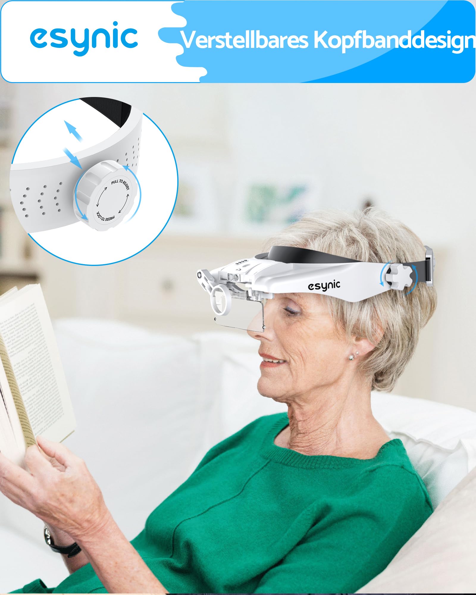 eSynic Kopfbandlupe Kopf Lupenbrille Lupenbrille Headset mit 2-Stufen LED-Licht Upgrade-Kopf Lupe 5 Linsen 8X Lupe Freihändige Aufladbar mit Batterieanzeige für Basteln Lesen Naharbeit 4