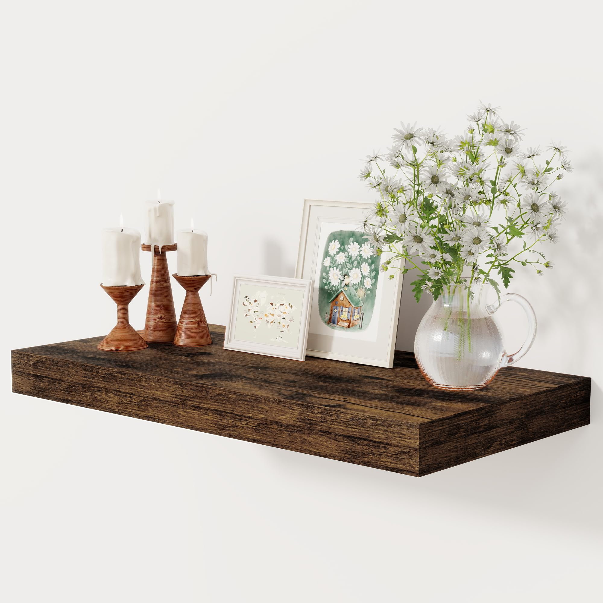 Photo 1 of 12 Inch Deep Floating Shelves, 24 x 12 Floating Shelf for Books, Rustic Wood Deep Wall Shelves for Home Storage & Display, 2" Thicked Shelves for Kitchen, Living Room, Bedroom, Rustic Brown, 1 Pack