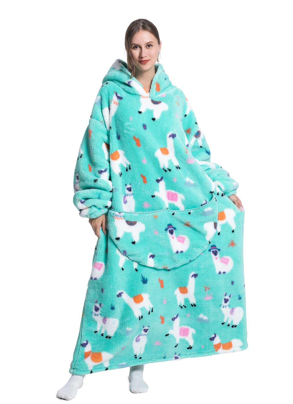 Seogva Extra Long Wearable Blanket Hoodie, Oversized Blanket Sweatshirt, Super Warm and Cozy Giant Hooded Blanket, Thick Flannel Blanket with Sleeves and Giant Pocket (Alpaca), One Size