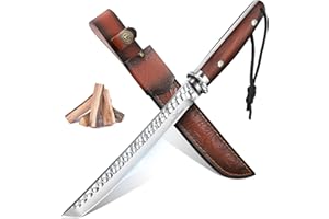 TAN REN 8.3 Inch Tanto Knife Fixed Blade with Sheath, Survival Hunting Knife with Wooden Handle for Camping, Bushcraft, Outdoor Knives for Men, Christmas Gifts for Men