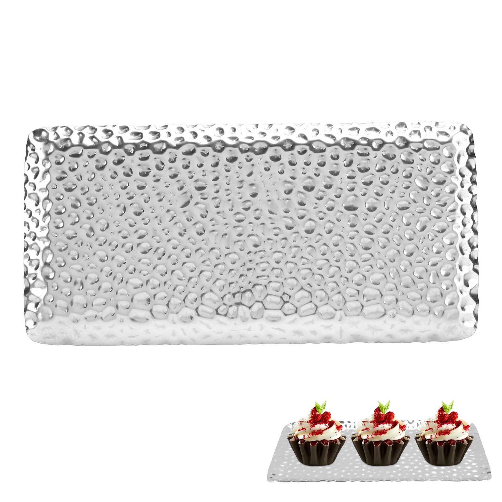 2PCS Hand Hammered Metal Serving Tray, Rectangle Serving Platter Decorative Silver Serving Trays for Party, Fruit Platter, Dessert Trays, Serving Dishes