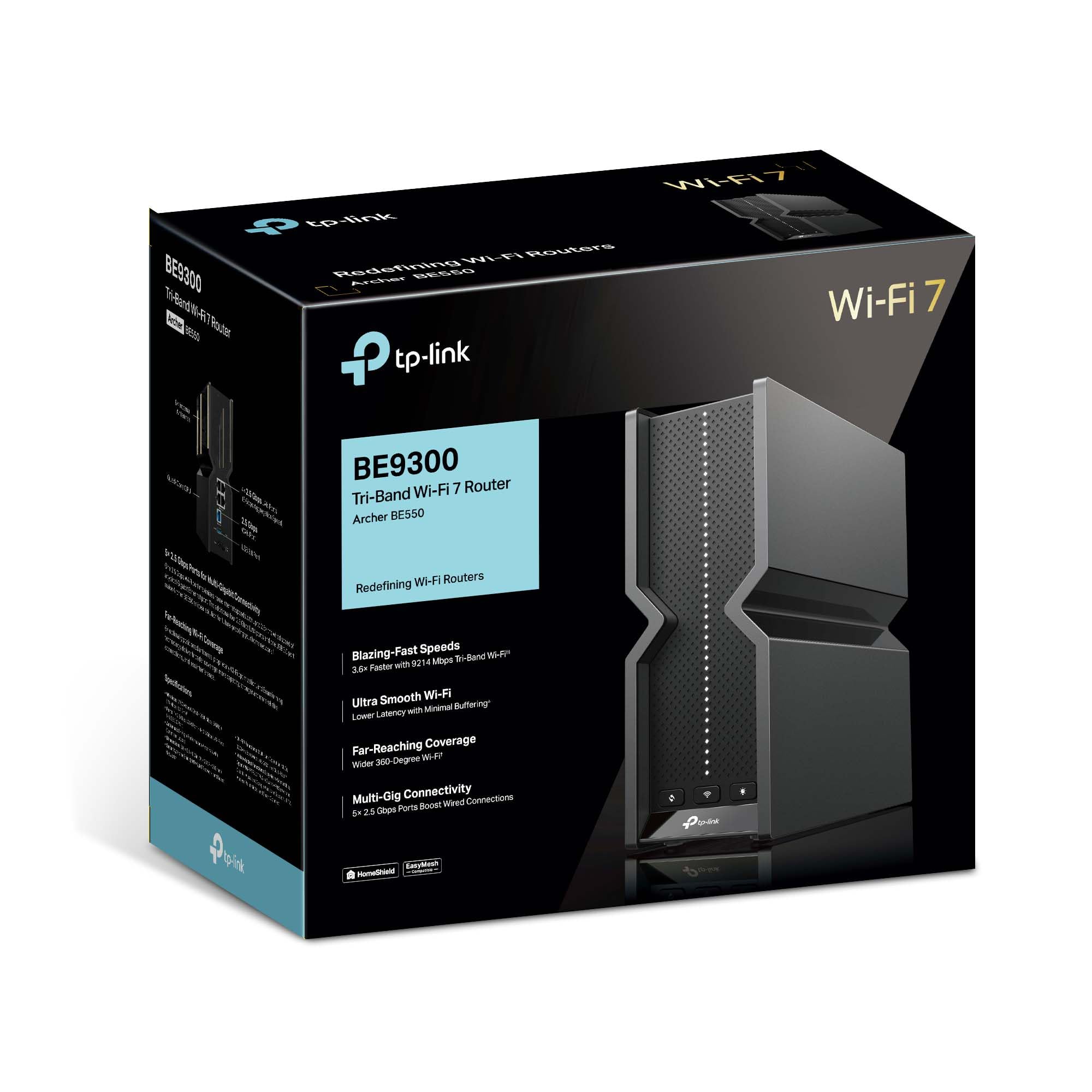 TP-Link Tri-Band BE9300 WiFi 7 Router Archer BE550, 6-Stream 9.2 Gbps, 2.5G Ports, USB 3.0, 6 Intelligent Internal Antennas, VPN Clients and Servers, HomeShield
