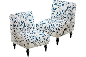 Buenanir Armless Accent Chair Cover Stretch Spandex Slipper Chair Covers Removable Non-Slip Silp Cover for Accent Chairs Without Arms for Living Room Hotel, Set of 2, Blue Leaves