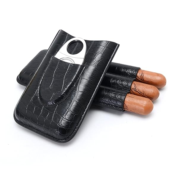 Zigarren Etui, 3 Halter echtes Leder Zigarrenetui mit silbernem Edelstahl Messer