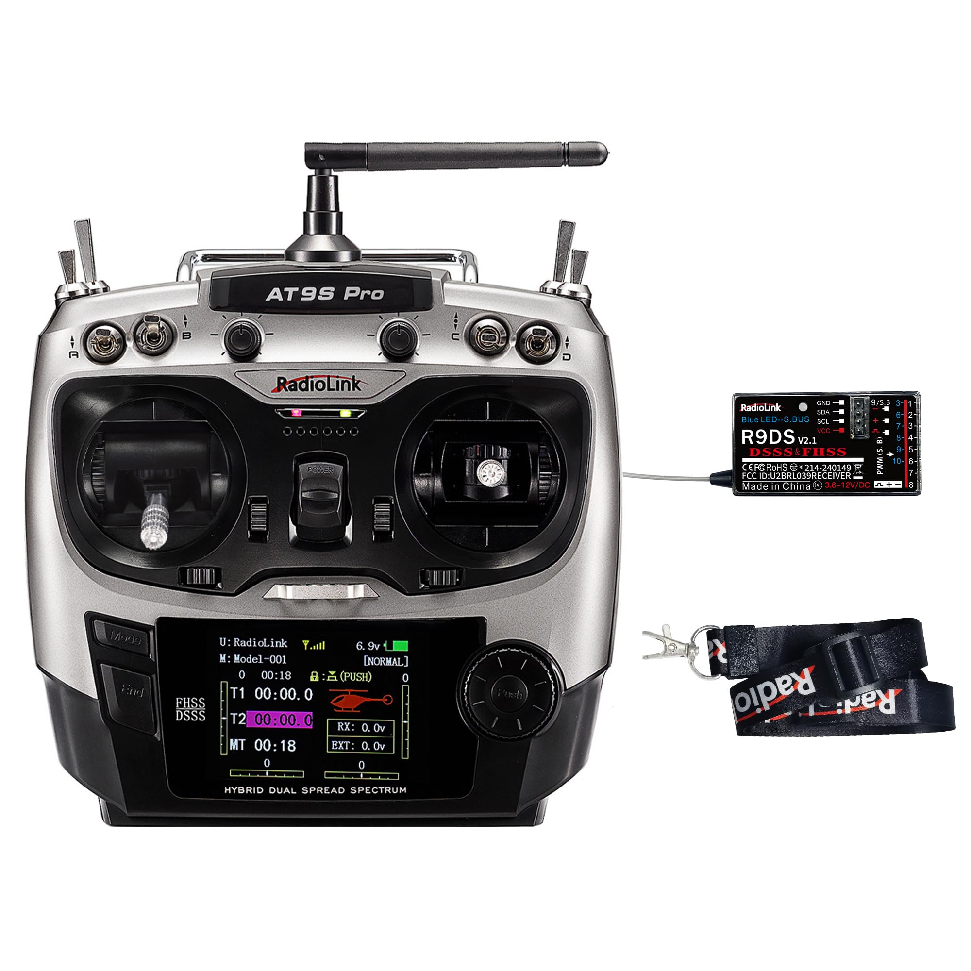Radiolink AT9S Pro 10/12 Channels 2.4GHz RC Radio Transmitter and R9DS Receiver Kit 3400M Remote RC Plane Controller Long Range for FPV Racing Drone Quad Airplane Helicopter and More (Mode2 Left Hand)
