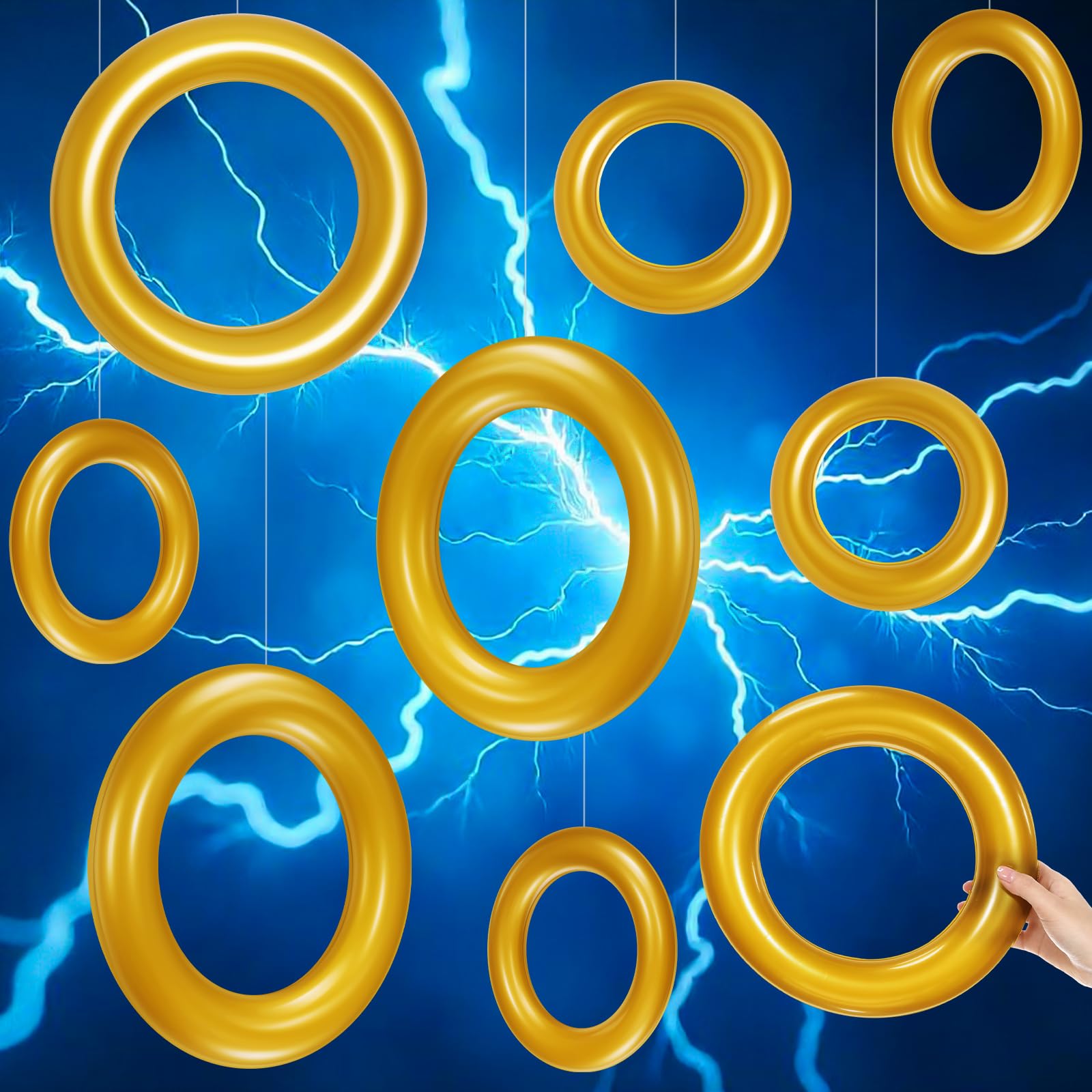 Photo 1 of Hollowfly 12 Pcs Cartoon Party Decor Inflatable PVC Gold Rings Balloon, Cartoon Themed Birthday Party Supplies for Gamer's Birthday Baby Shower Decor Favors