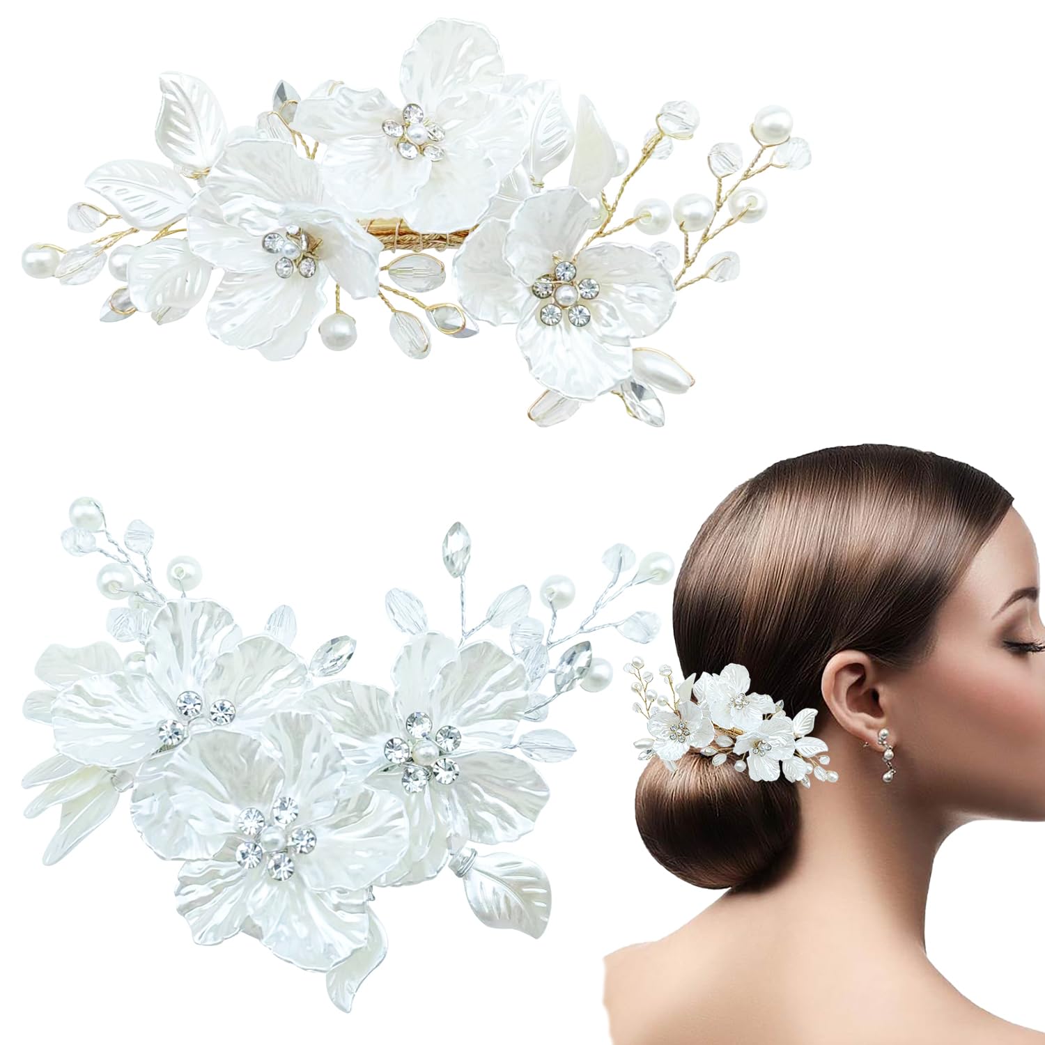 Photo 1 of 2 PCS Wedding Hair Clip Bride Hair Clips Rhinestone Hair Accessories for Women and Girls Shell Flower Crystal Headpieces for Bridesmaid Party Wedding Prom