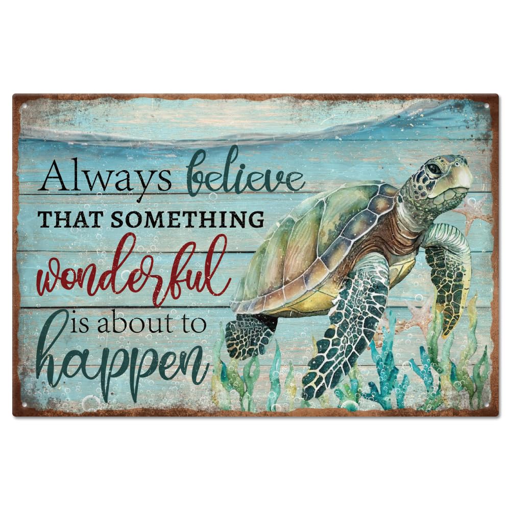 GLOBLELAND Vintage Sea Turtle Metal Tin Sign for Garage Personalized Signs Garden Cave Signs Art Plaque Poster Wall Decor for Home Kitchen Bar Club Coffee Shop Orchard Decoration 8×12inch