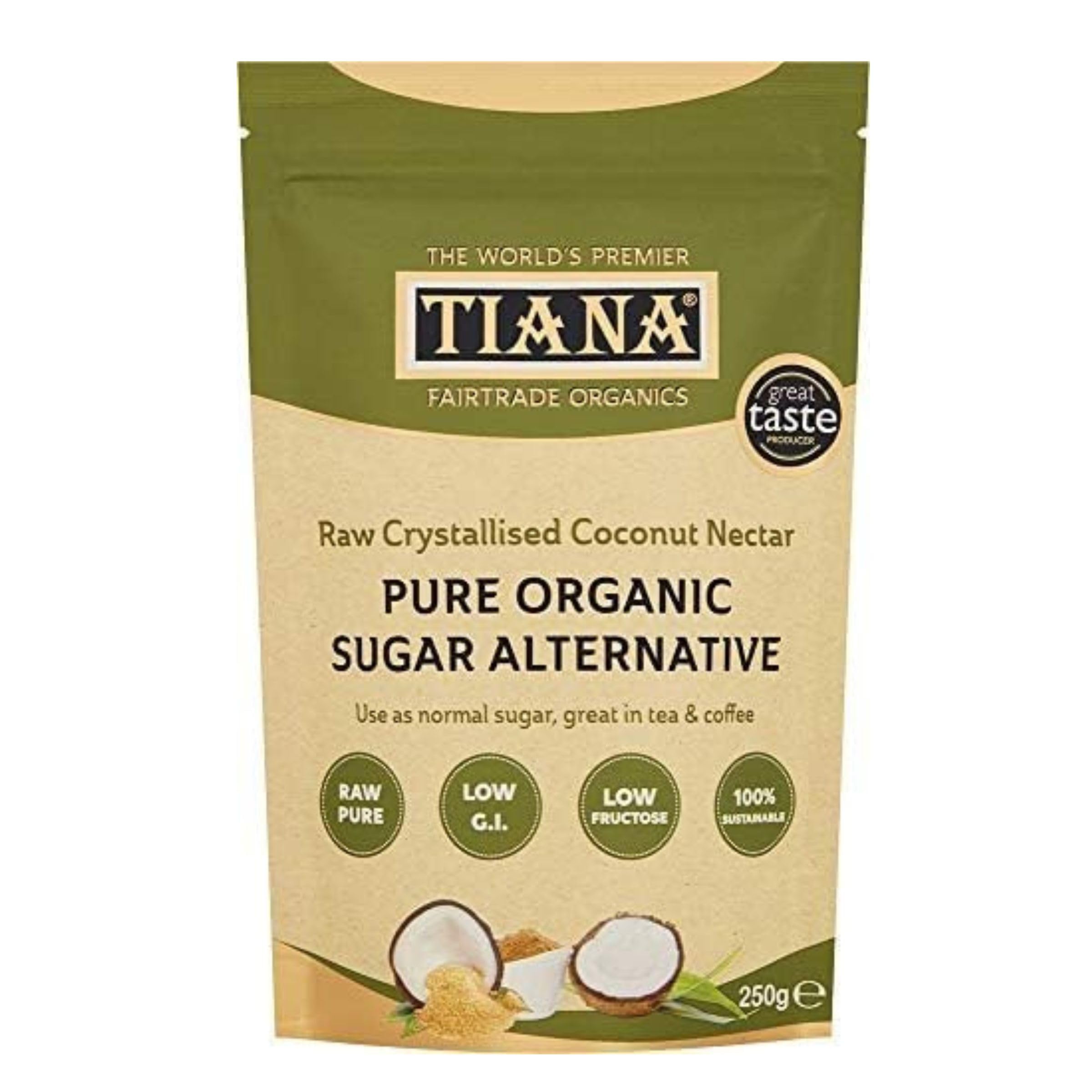 Coconut Nectar Sugar Alternative 250g – Raw Crystallised Coconut Nectar – Low GI Natural Sweetener – Vegan, Gluten-Free & Fairtrade – TIANA