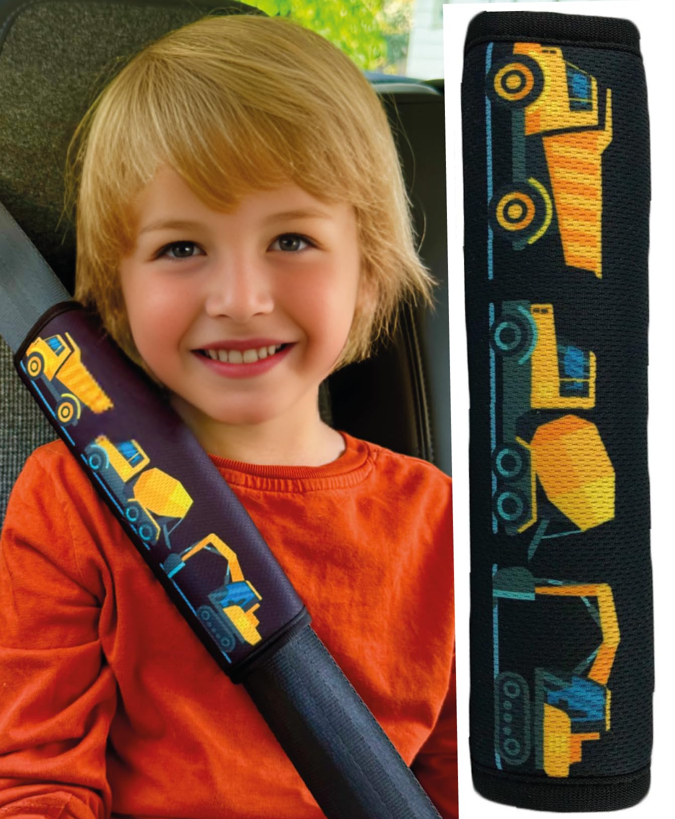 HECKBO 1x Kids Car Seat Belt Pads Seat Belt Protectors - Construction Cars - Seat Belt Pads for Kids and Babies- Ideal for Any Seat Belt Car Booster Seat Kids Bicycle
