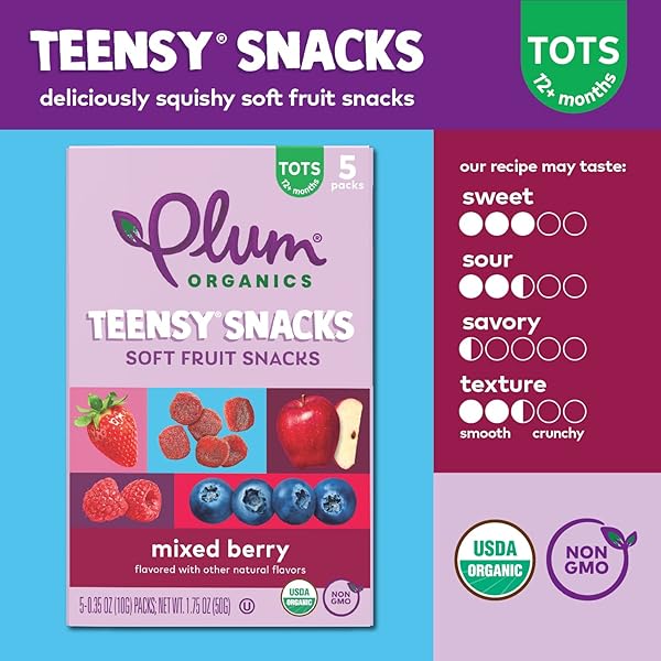 PLUM ORGANICS TEENSY SNACKS SOFT FRUIT SNACKS – MIXED BERRY – 0.35 OZ BAGS (PACK OF 5) – ORGANIC TODDLER FOOD FRUIT SNACKS