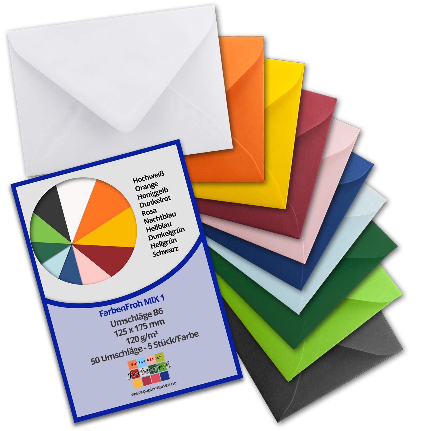 50 x Letter Envelopes - Assorted Colours 1 - DIN B6-125 x 175 mm - Envelopes with Wet Gluing Without Window for Greeting Cards and Invitations - FarbenFroh Series — image 1