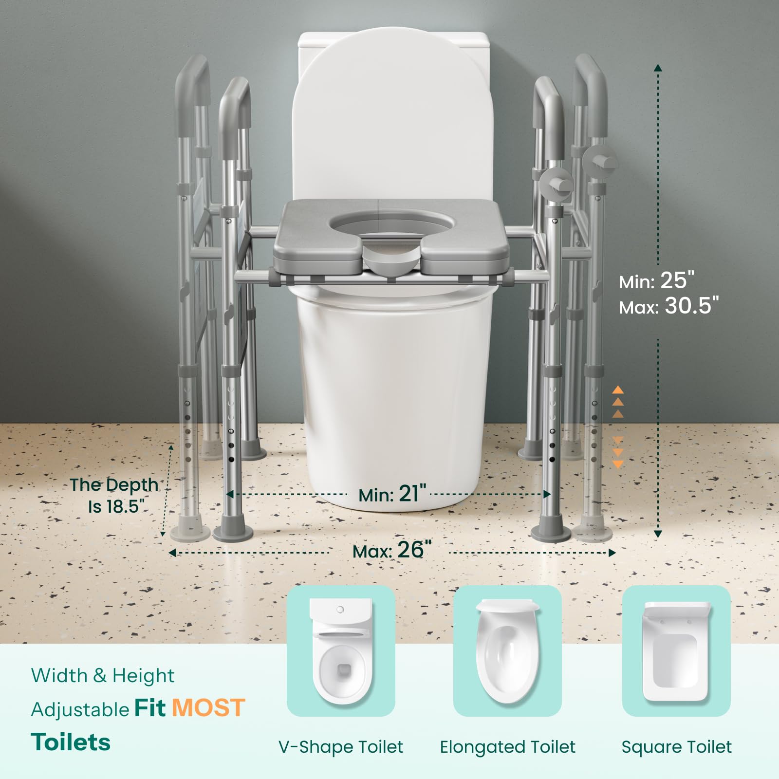 HOMEAL Raised Toilet Seat Riser with Handles for Seniors, 450LBS Heavy-Duty 3in1 Commode Chair for Disabled & Patients with Reinforced Frame & Protective Deflector, Built for Safety & Clean