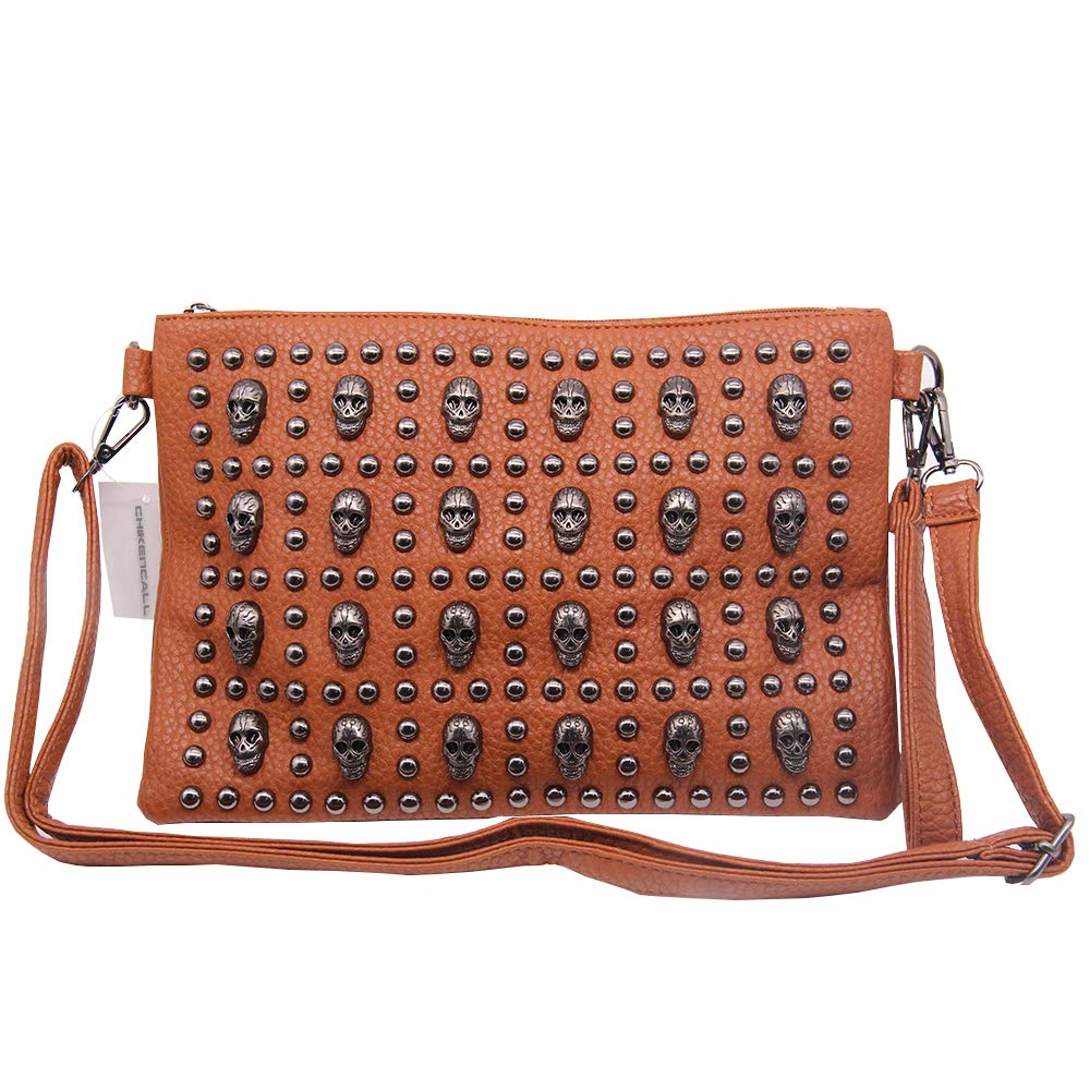 Chikencall® Women Classic Gothic Skull Rivet Clutch Purses Punk style Studded Shoulder Cross-Body Bag Brown