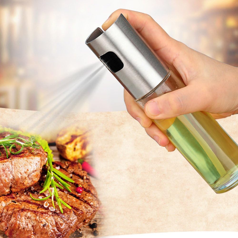 Olive Oil Sprayer Mister, Oil Spray Bottle Pump Glass Bottle Olive Cooking Stainless Steel Pot Leak-proof Drops for Cooking, Baking, Roasting, Grilling (Silver)