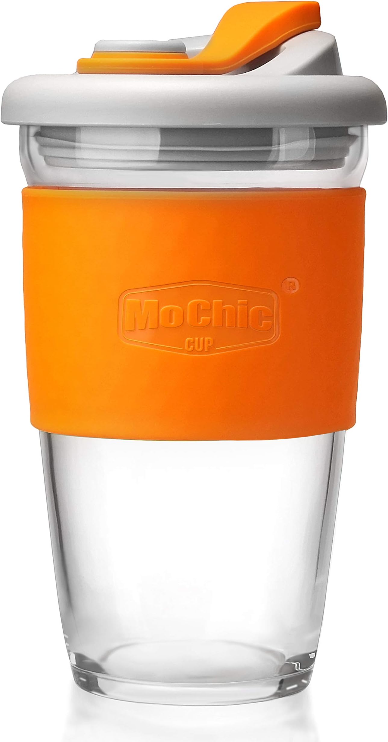 MOCHIC CUPReusable Glass Coffee Travel Mug with Lid and Non-slip Sleeve Dishwasher and Microwave Safe Cup Portable Durable Drinking Tumbler BPA-Free (Orange,16oz/454ml)
