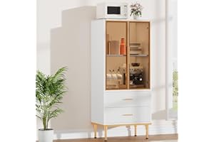Garvee Fluted Storage Cabinet with Adjustable Shelves, Modern Tall Display Cabinet with 2 Glass Doors and 2 Drawers, Faux Mar