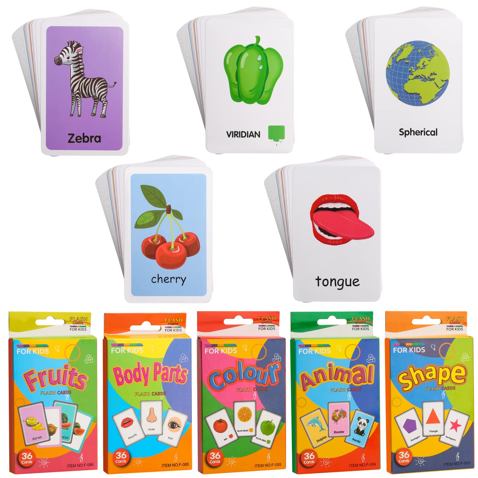 LUCKNIGHT 180 Pcs Educational Flash Cards, 5 Pack Preschool Learning Animals Colour Shape Fruits Body Parts Card for Toddlers Kids Children Baby Early Flashcards (36Pcs/Pack), 4.6 x 3.0 Inch (FN-143)