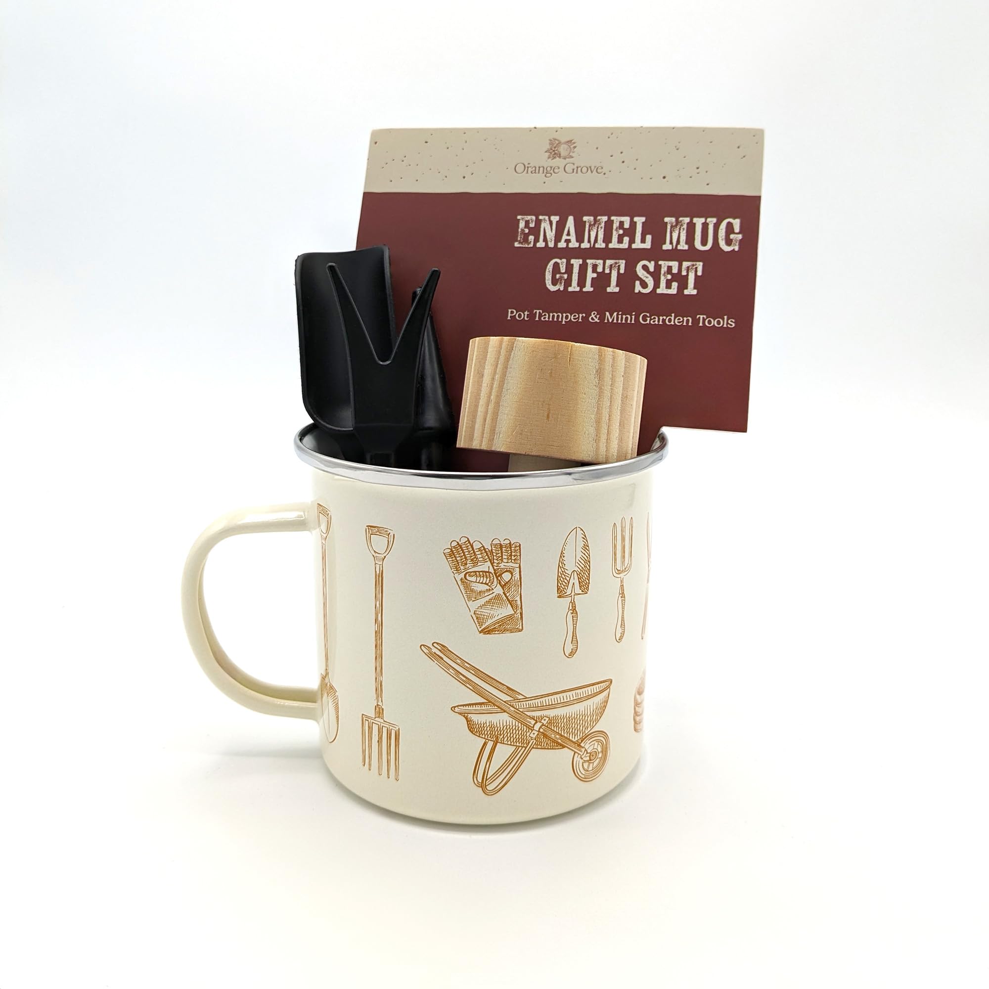 Mini Garden Tools and Enamel Mug Gardening Gift Set - Includes Dibber, Shovel, Seedling Extractor and Pot Tamper