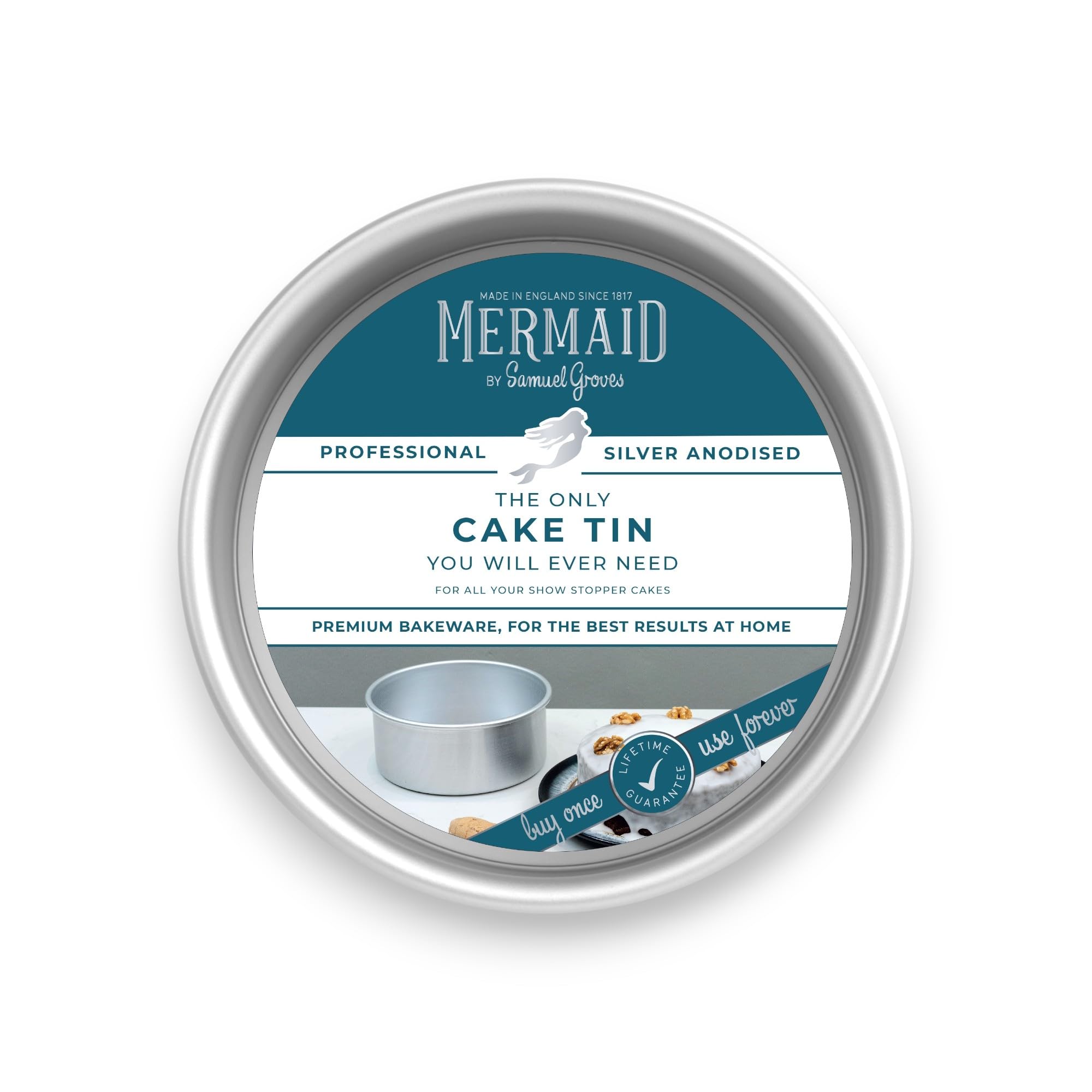 Mermaid Silver Anodised Aluminium Round Loose Based Cake Tin Made in England (11")