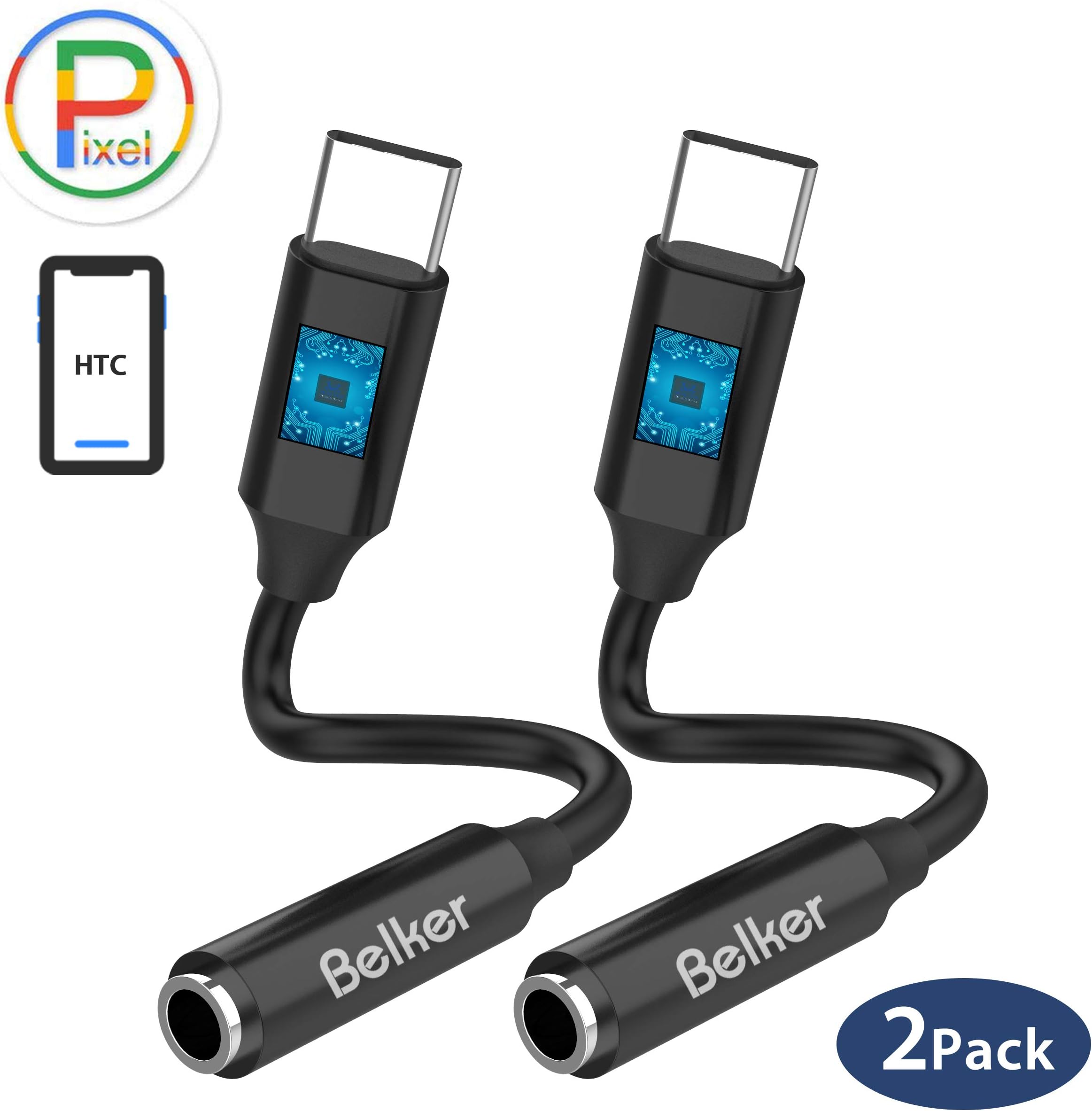 USB C to 3.5mm Adapter Pixel 2, Belkertech Headphone Jack Adapter with DAC Chipset Compatible with Pixel 2/2XL Essential PH-1 Phone Razer Phone Huawei Mate 10 Pro HTC U11 2Pack