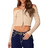 REORIA Womens Y2k Trendy Off The Shoulder Double Zip Up Fall Long Sleeve Cropped Pullover Sweaters Tops