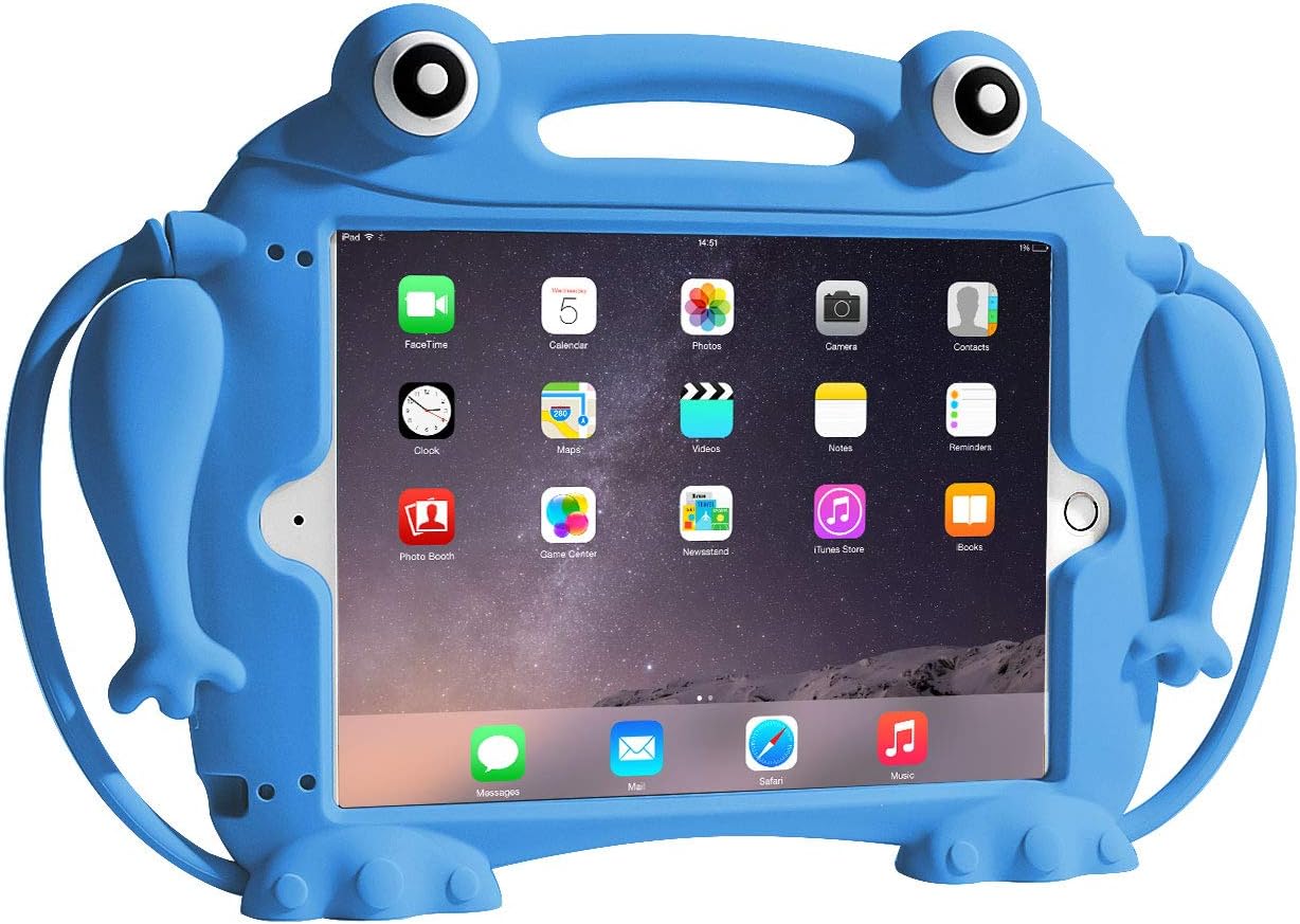 CHIN FAI Kids Case for iPad 9.7 2018 2017 / iPad Air 1 2 / iPad Pro - [Eye Popping Toys] Shockproof Silicone Handle Stand Frog Protective Cover for Apple iPad 5th 6th Generation (Blue)
