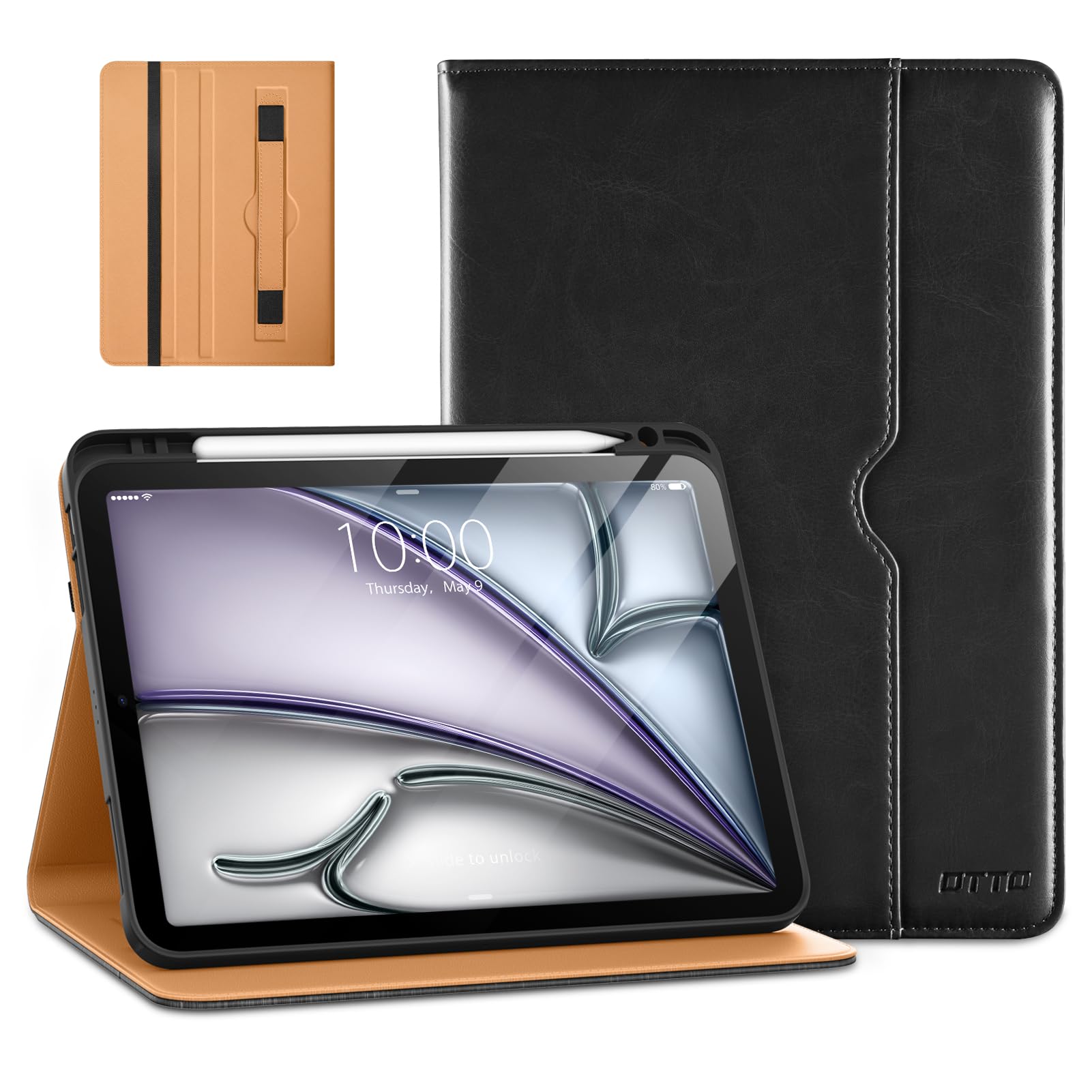 DTTO iPad Air 11-inch Case M2 (2024)/5th/4th Gen, Premium Leather Folio Stand Cover with Pencil Holder, Black - Tablet Case for Watching Movies, Typing, Business/Education