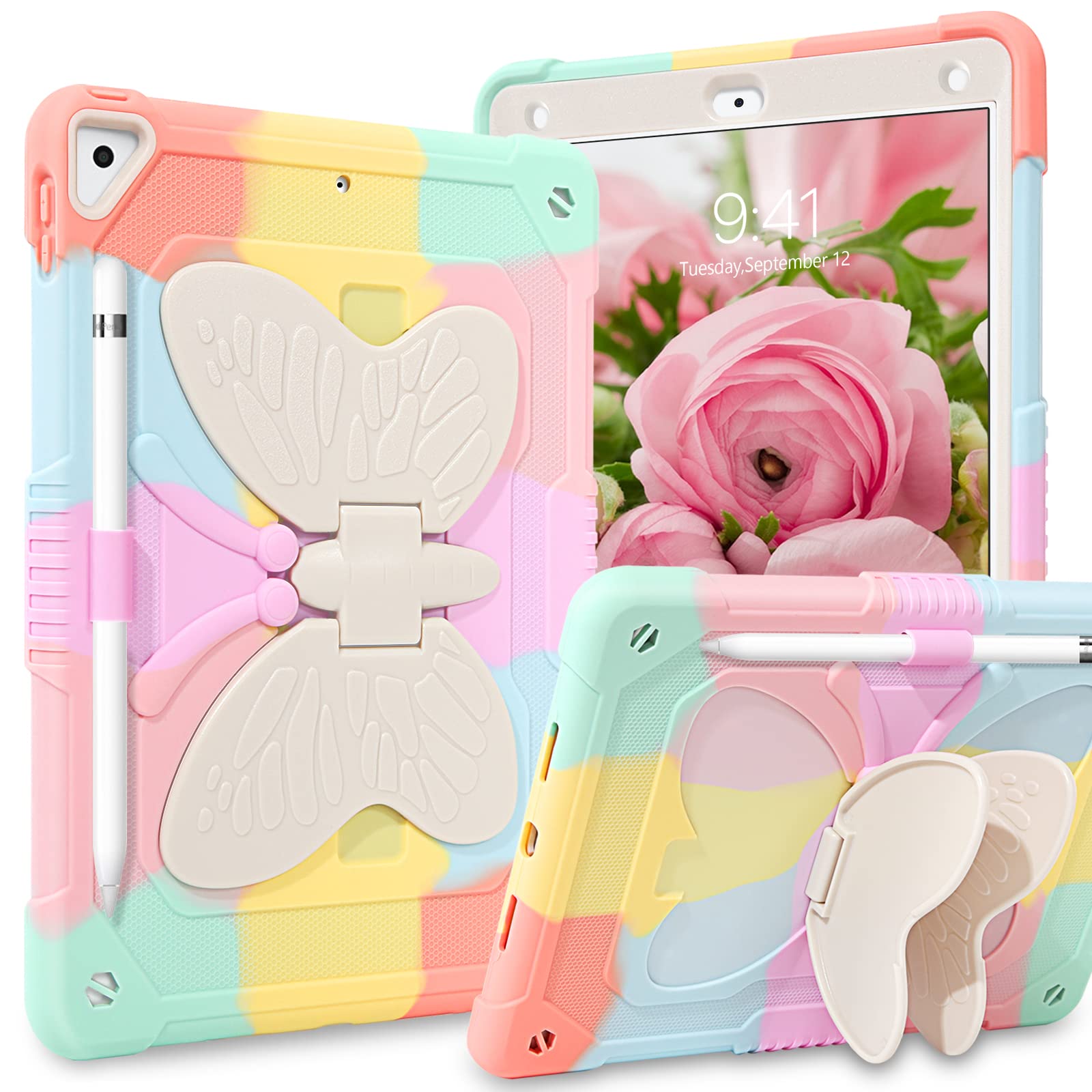 YINLAI for iPad 6th Generation Case iPad 9.7 Inch 5th Gen 2018/2017 /iPad Air 2/ Pro 9.7 Tablet Case with Butterfly Kickstand Pencil Holder Girls Kid Shockproof Protective Cover,Colorful Rose Gold