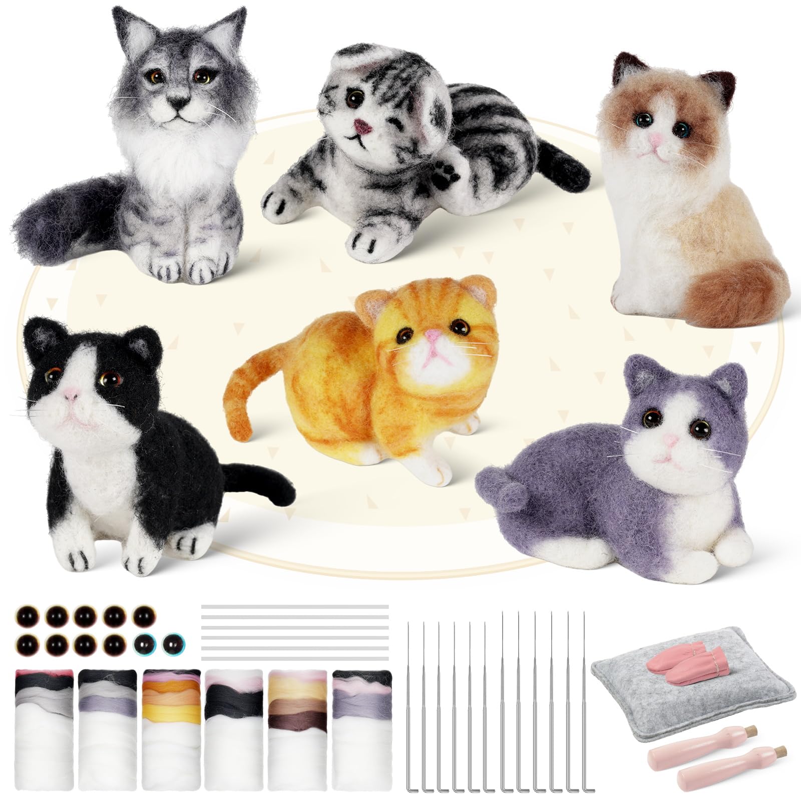 iptek Needle Felting Kit, 6 PCS Animal Needle Felting Beginner Kits,Craft Kits for Adults UK, Wool Felt Needle Felting Tools Foam Pad, Craft Party Supplies for Beginners Adult(Cat Family)