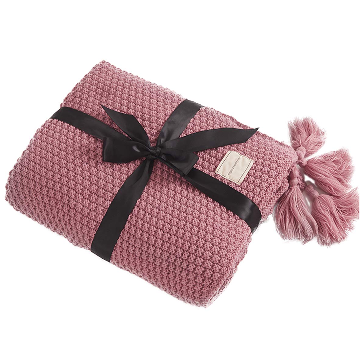 AUSTINCIAGA Knitted Blanket Sofa Throw Blanket Table Runner Nordic Bed Blanket Soft Warm with Fringe Handmade for Beach Picnic All Seasons (Pink, 100 x 150 cm)