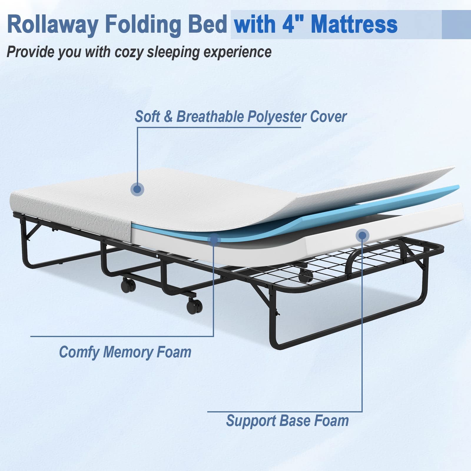 Giantex Folding Bed with 4" Mattress for Adults, Twin Size Rollaway Guest Beds w/Sturdy Metal