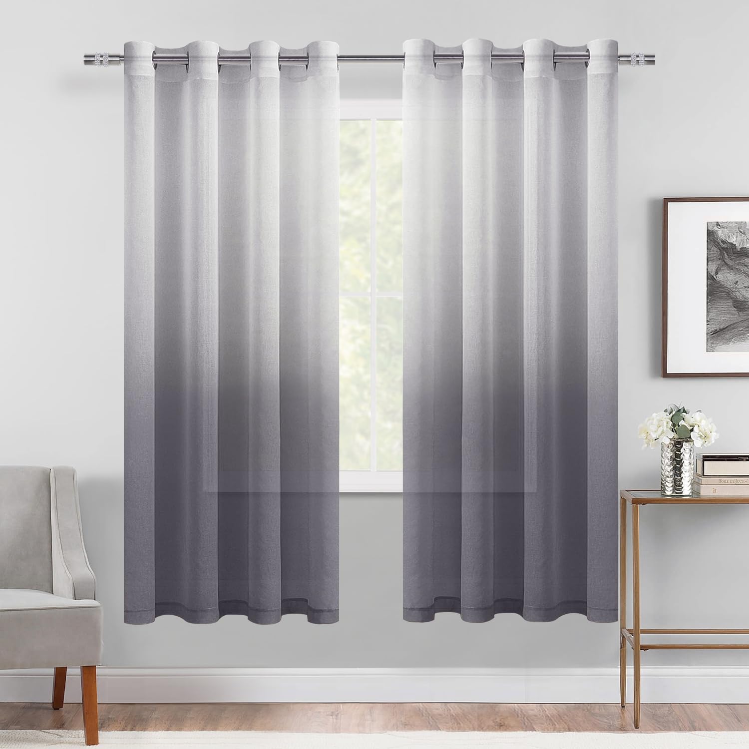DWCN Faux Linen Grey Ombre Sheer Curtains - Gradient Semi Voile Drapes Bedroom and Living Room Curtains, Set of 2 Grommet Top Window Curtain Panels, 52 x 63 Inch Length